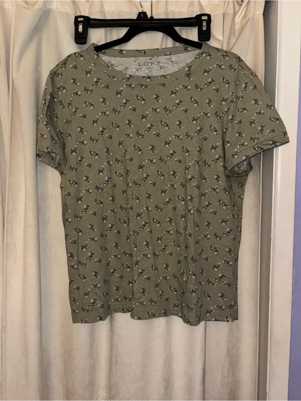 LOFT Olive Green Floral Short Sleeve Tee - Small White Accent Flowers